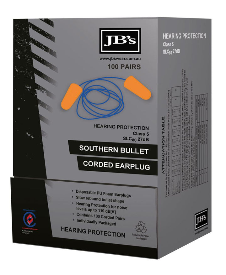 JB'S Southern Bullet Corded Earplug (100 Pair)- 8P060